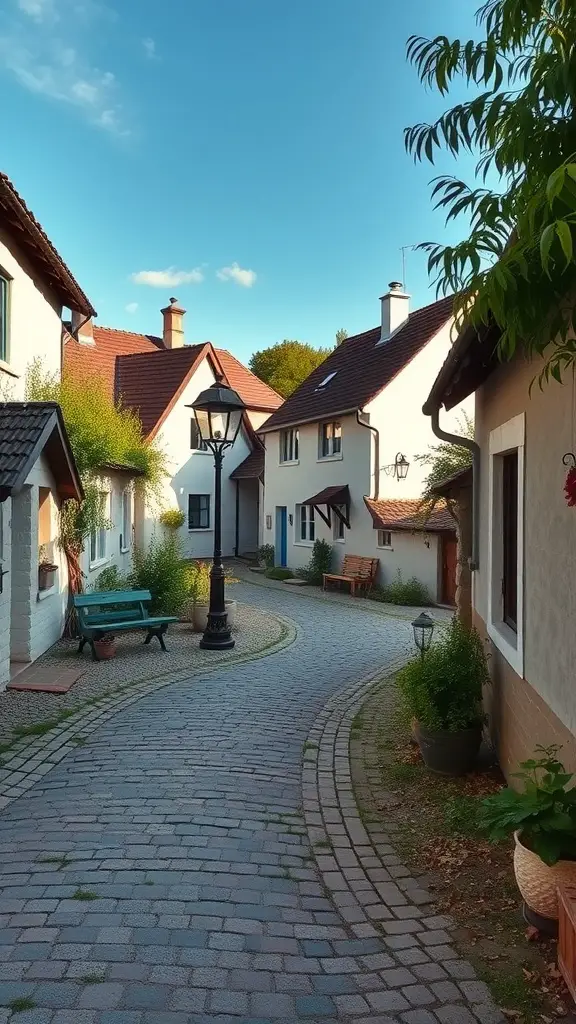 27 Stunning Stone Pathway Ideas for Your Garden Walkways 12 A picturesque cobblestone pathway surrounded by charming houses and greenery.