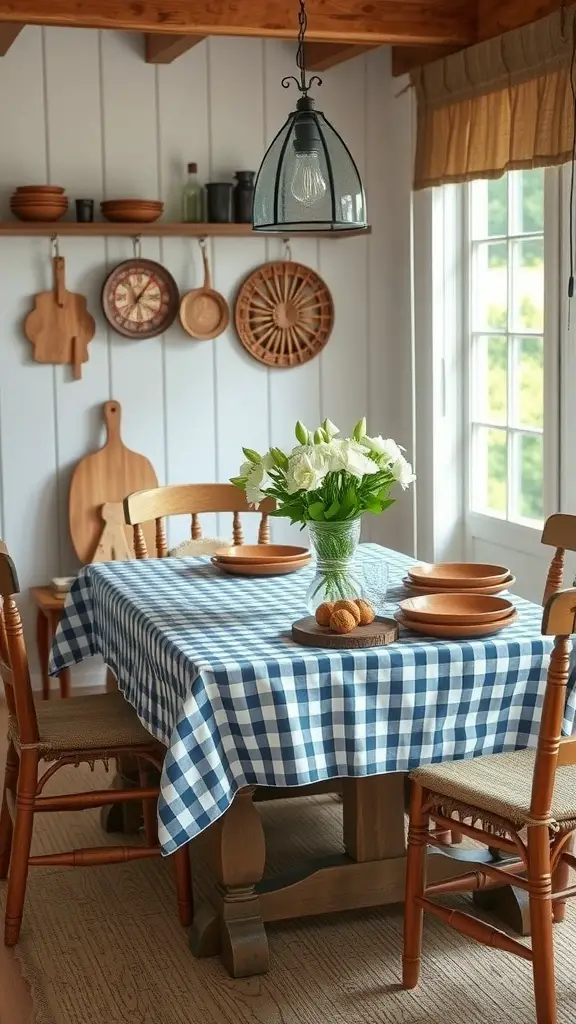 A charming country cottage dining table set with a blue and white gingham tablecloth, wooden plates, a vase of fresh flowers, and rustic decor.