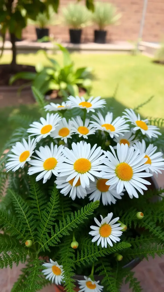 21 Stunning Spring Wedding Bouquet Ideas You’ll Love 16 A bouquet of white daisies surrounded by green ferns in a sunny garden setting.