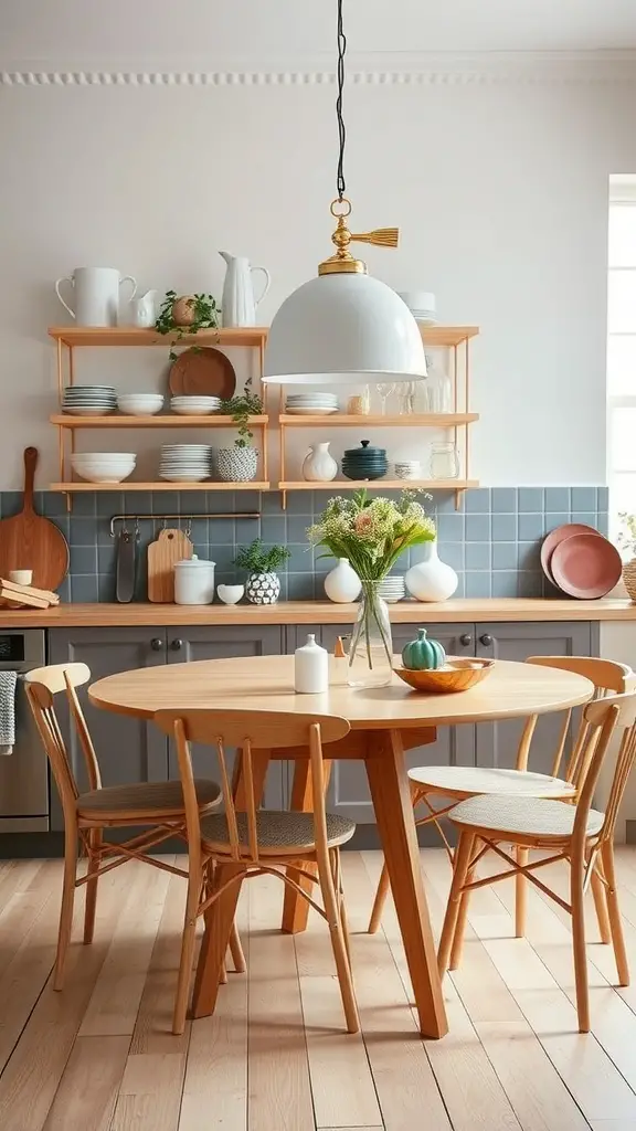 A charming Scandinavian kitchen with a round wooden dining table, light-colored chairs, and stylish pendant lighting.