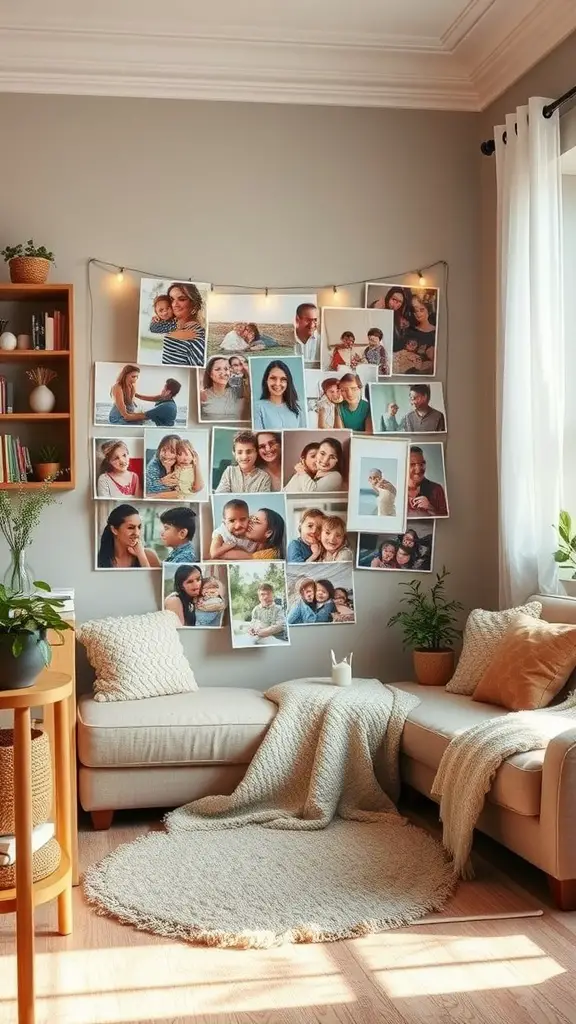 A cozy living room featuring a photo collage of family moments, with string lights illuminating the images.