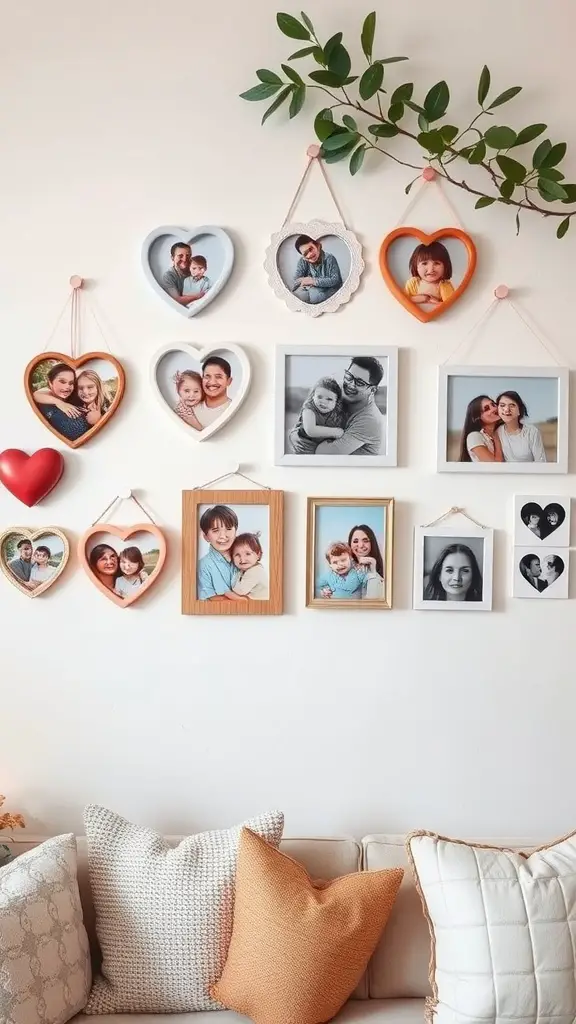 A DIY photo wall featuring heart-shaped frames with family photos, adorned with green leaves, showcasing a cozy living room atmosphere.