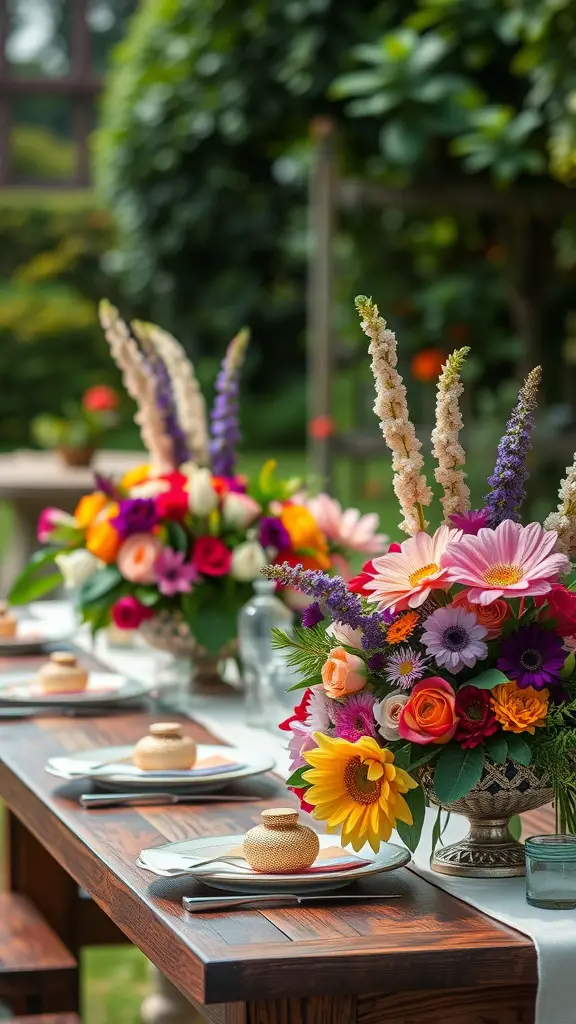 A beautifully arranged table with floral centerpieces and plates for a tea party