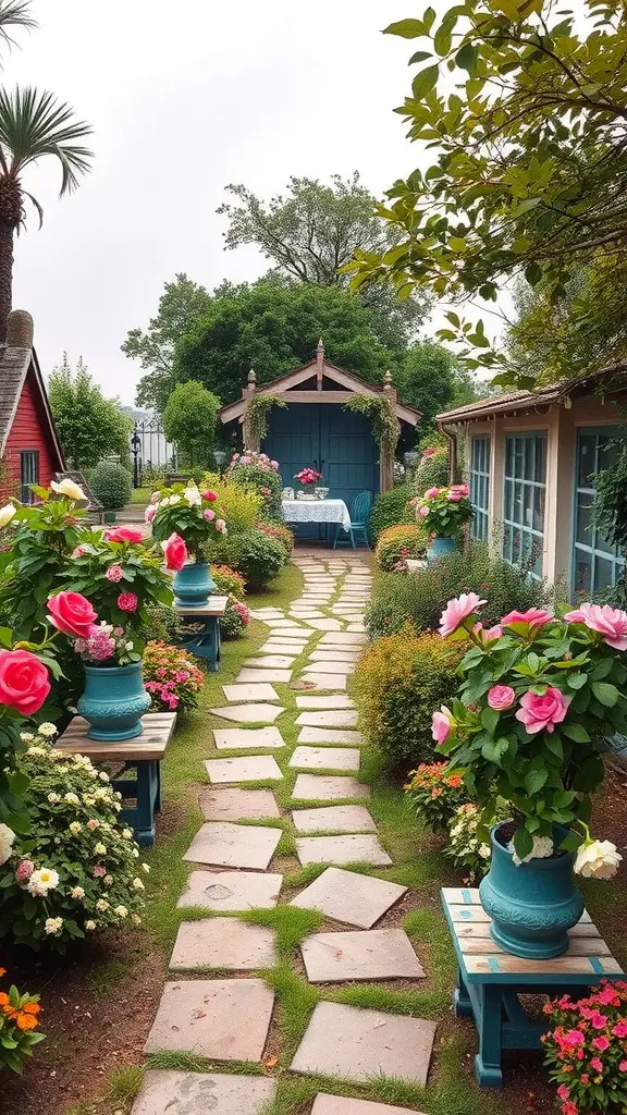 A charming garden pathway lined with flowers and pots, leading to a cozy seating area.