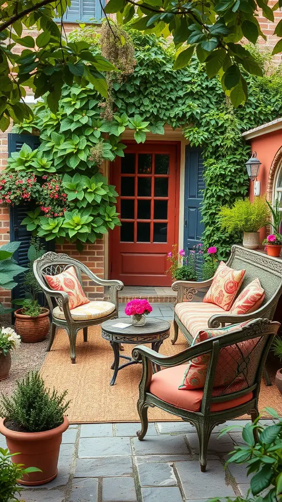 Charming garden seating area with comfortable chairs, a small table, and lush greenery.