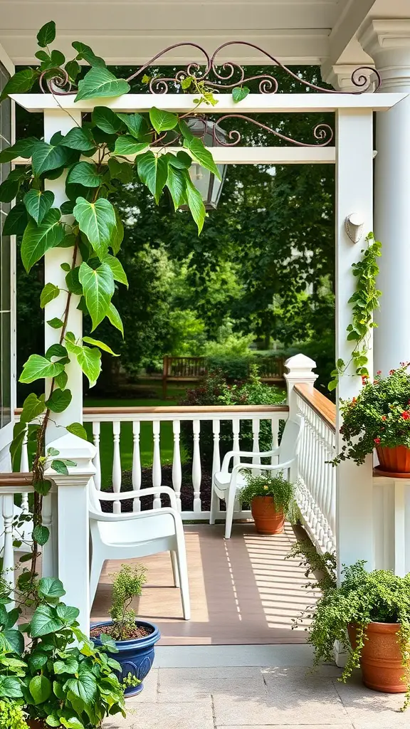 23 Inspiring Summer Porch Decor Ideas for a Vibrant Outdoor Space 17 A charming porch with a garden trellis adorned with climbing vines, white chairs, and potted plants.