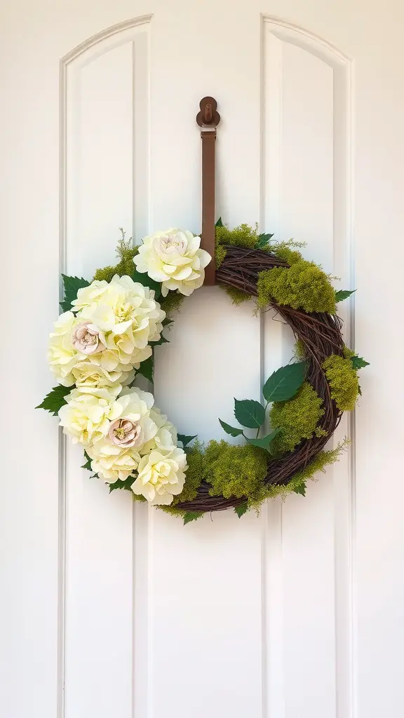 35 Stunning Summer Wreath Ideas for Your Front Door 11 A charming wreath made of cream hydrangeas and moss, hanging on a white door