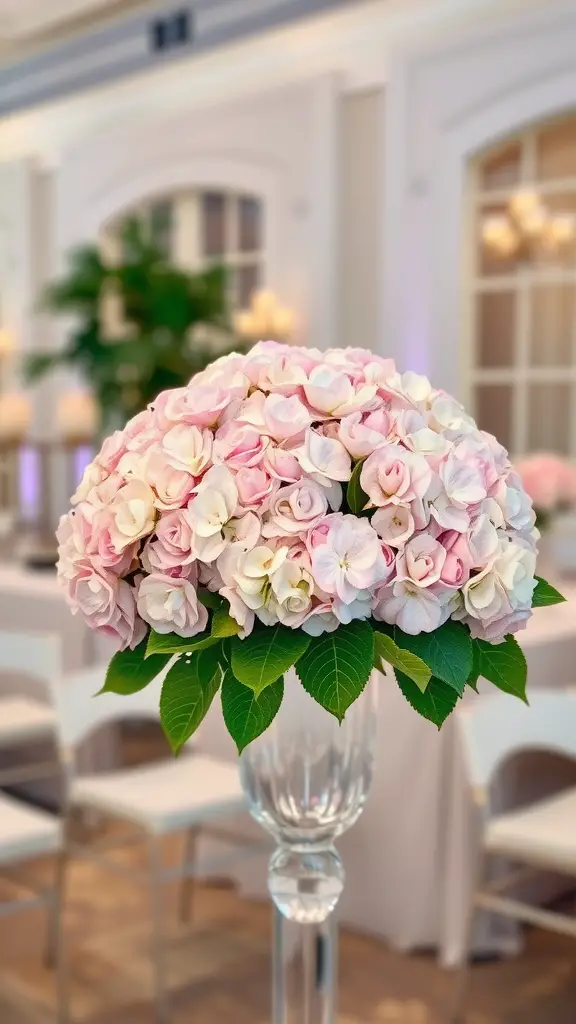 33 Stunning Summer Wedding Flower Ideas You’ll Love 12 A beautifully arranged bouquet of pink and white hydrangeas in a tall vase