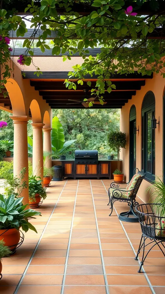 Mediterranean-inspired covered patio with terracotta tiles, greenery, and a grill.