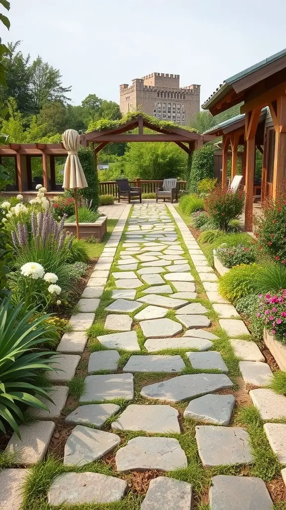 A charming stone pathway bordered by flowers and greenery, leading to a wooden seating area.