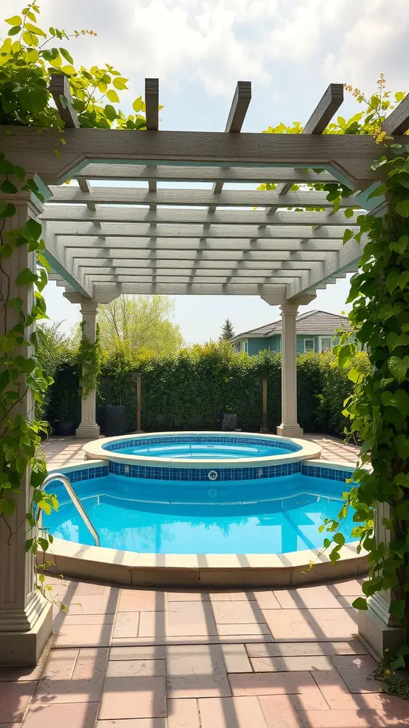 A serene above-ground pool surrounded by a charming pergola and lush greenery.