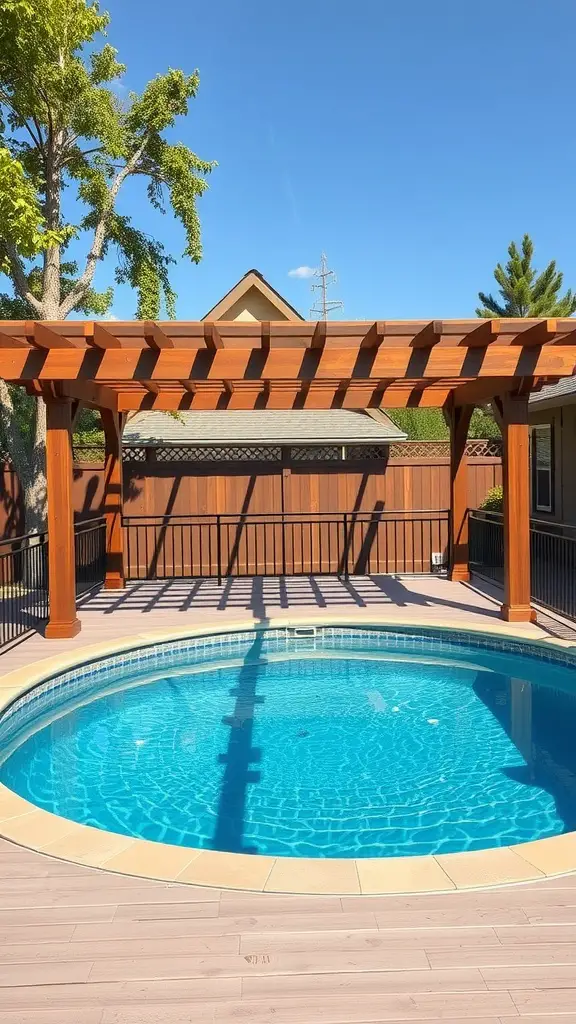 A wooden pergola over a circular above ground pool surrounded by a deck.