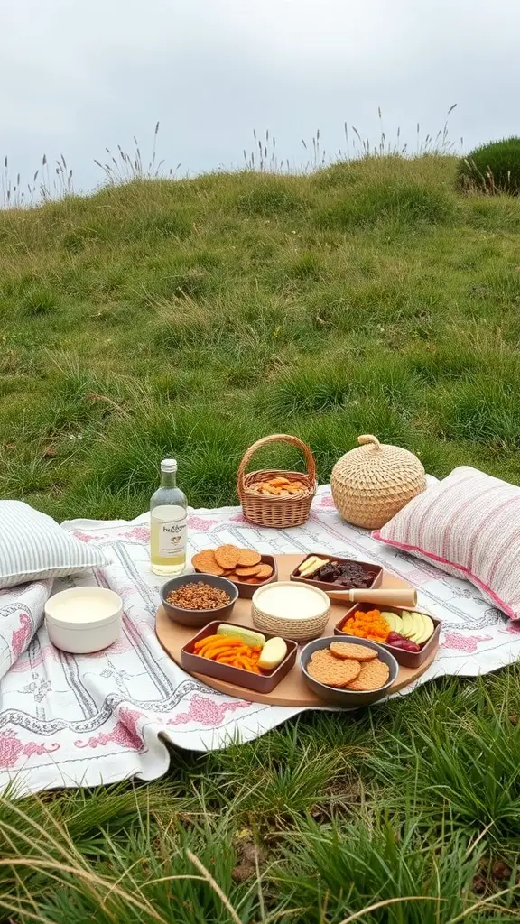 A picnic blanket setup with snacks, drinks, and pillows on a grassy area.