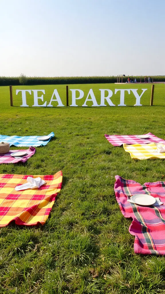 Colorful picnic blankets spread out on a green lawn for a tea party, with a large 'TEA PARTY' sign in the background.