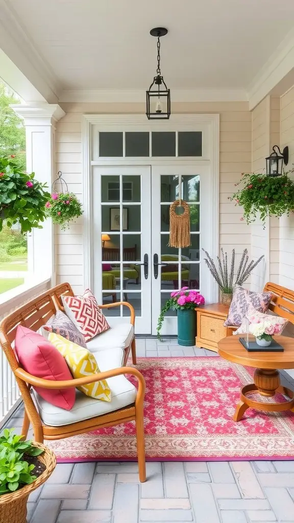 Charming porch with wooden furniture, colorful cushions, and hanging plants, creating a cozy atmosphere.