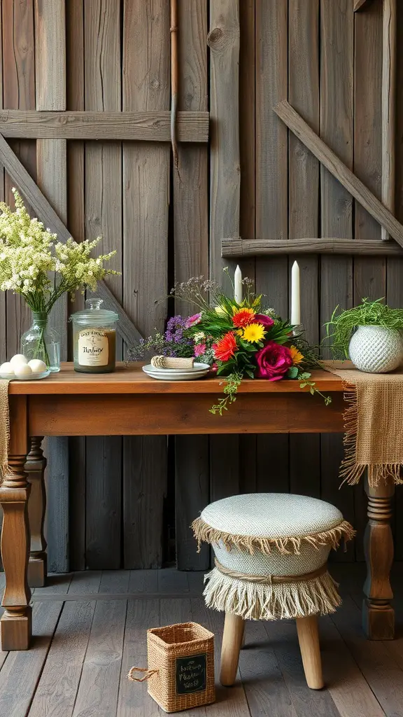 A rustic table setting featuring flowers, candles, and natural materials