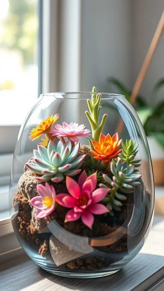 17 Stunning Summer Flower Arrangement Ideas 12 A glass container filled with colorful succulents and flowers, showcasing a vibrant summer arrangement.