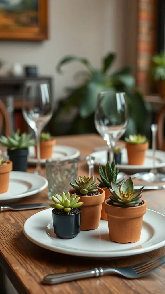 A dining table set for Mother's Day dinner featuring succulent arrangements in small pots.