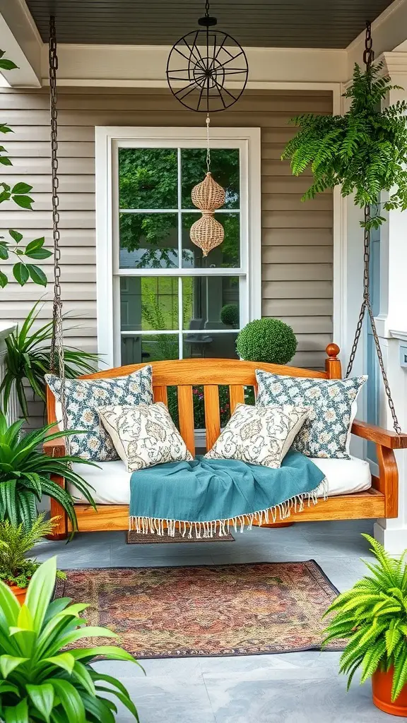19 Stunning Front Porch Inspiration Ideas for Your Home 10 Charming swing bed on a front porch surrounded by plants and decor
