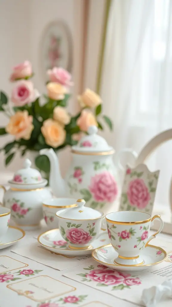 A charming tea set display with floral patterns and roses