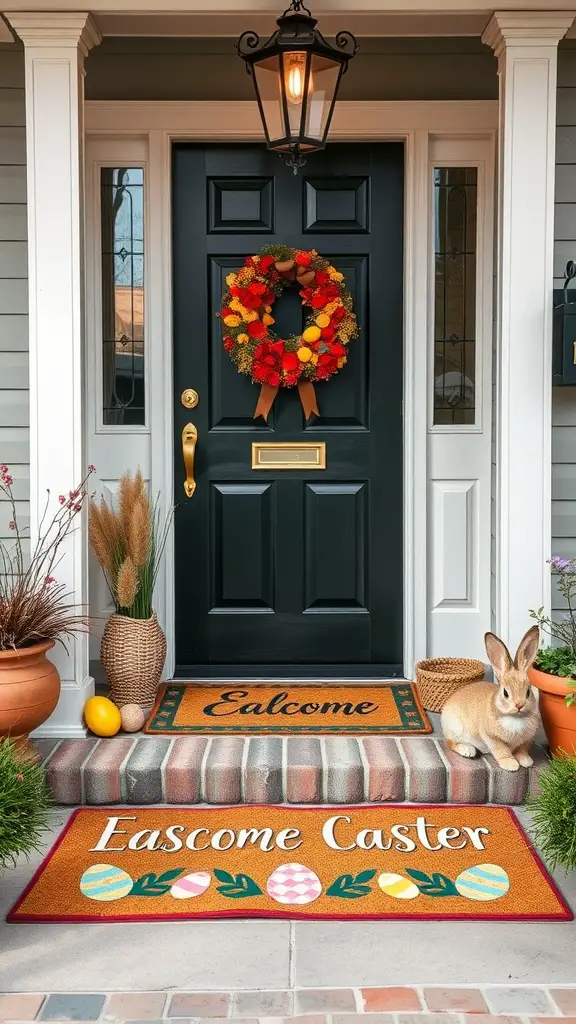 A front porch decorated for Easter featuring colorful welcome mats, a vibrant wreath, and a cute bunny.