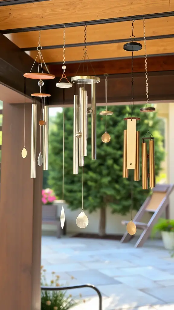 A variety of wind chimes hanging from a wooden structure on a patio