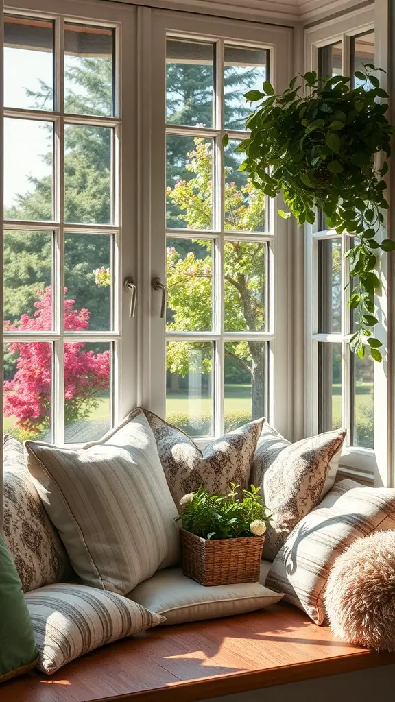 Cozy window seating nook filled with pillows and a small plant, surrounded by large windows letting in sunlight.