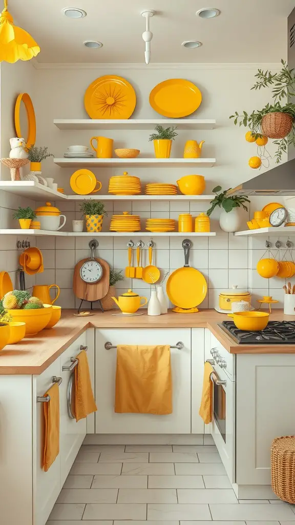 A yellow-themed kitchen showcasing various yellow accessories on shelves and a wooden countertop.