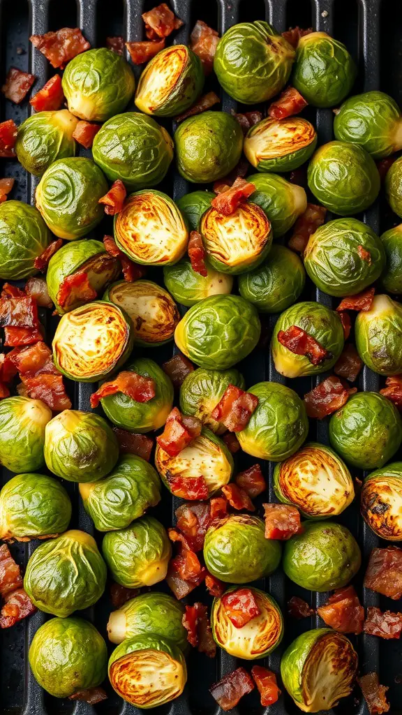 Grilled Brussels sprouts with crispy bacon on a grill