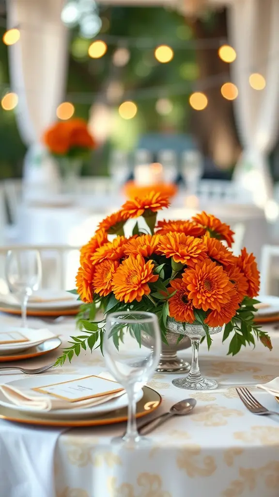 33 Stunning Summer Wedding Flower Ideas You’ll Love 16 A table set for a wedding with vibrant marigold flowers in a vase and decorative elements.