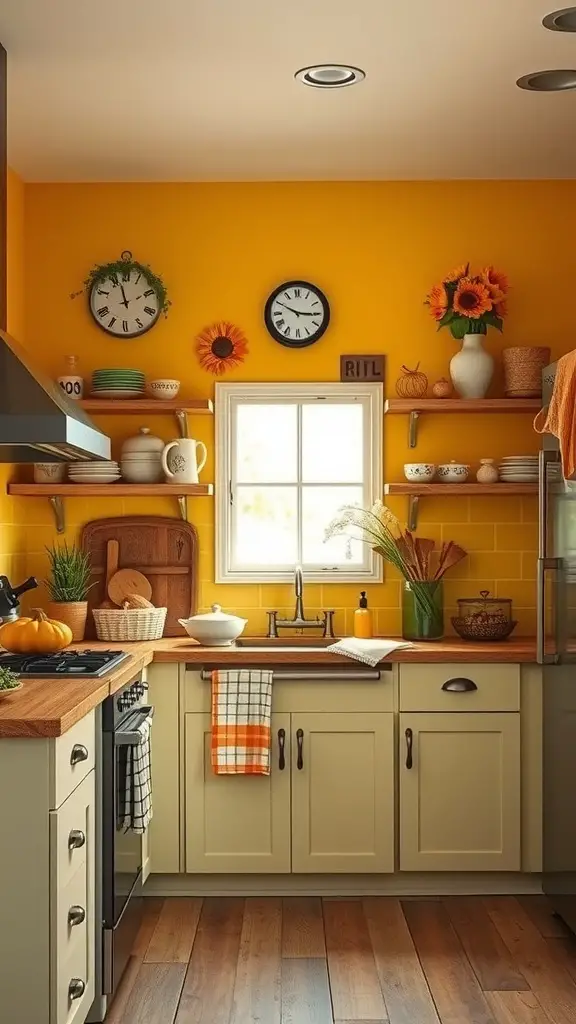 A cozy kitchen painted in sunflower yellow with wooden shelves and cheerful decorations