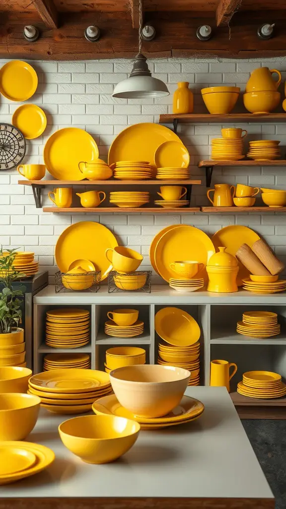 A collection of cheerful yellow dishware displayed on shelves and tables in a kitchen setting.