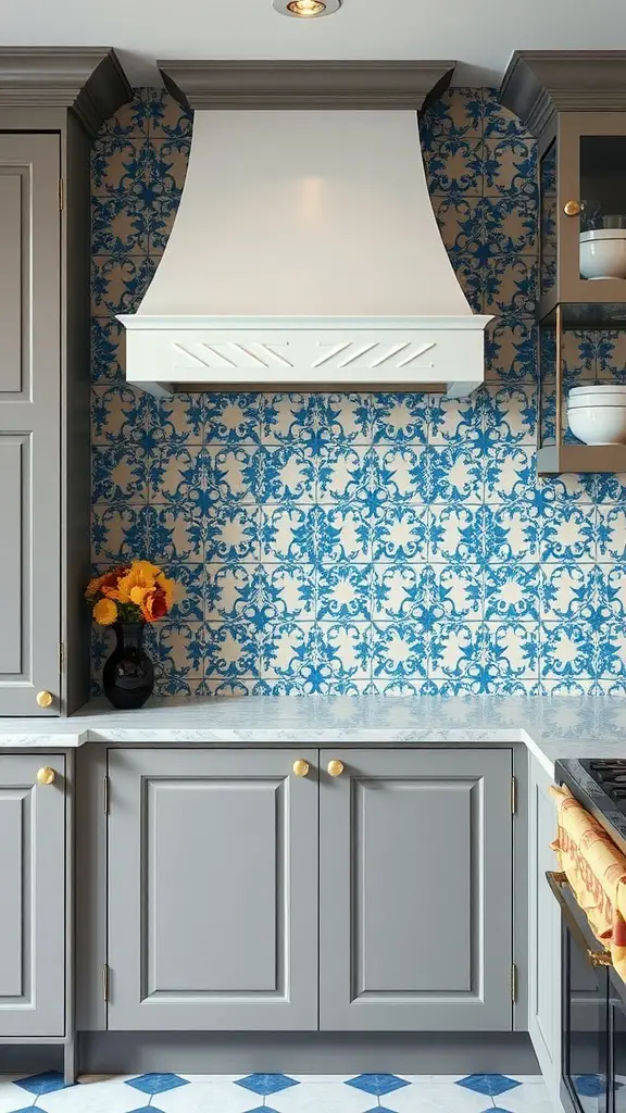 Chic blue and white tile backsplash in a modern kitchen with gray cabinetry and a white range hood.