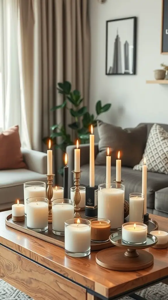 A stylish arrangement of various candles on a coffee table, creating a warm and inviting atmosphere.