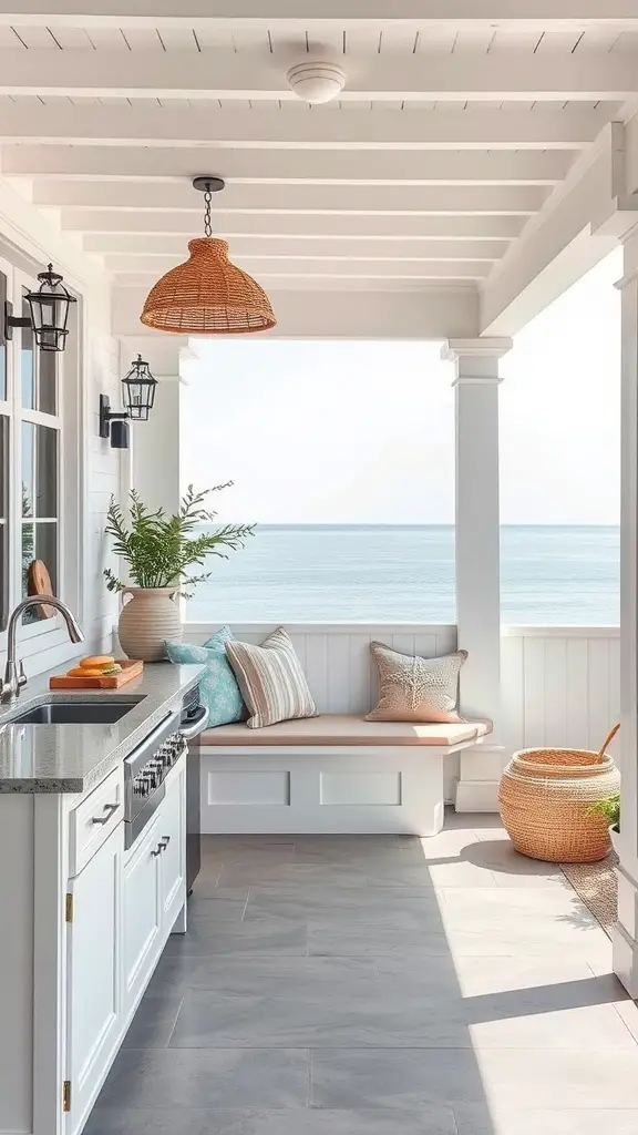 Chic coastal outdoor kitchen banquette with ocean view