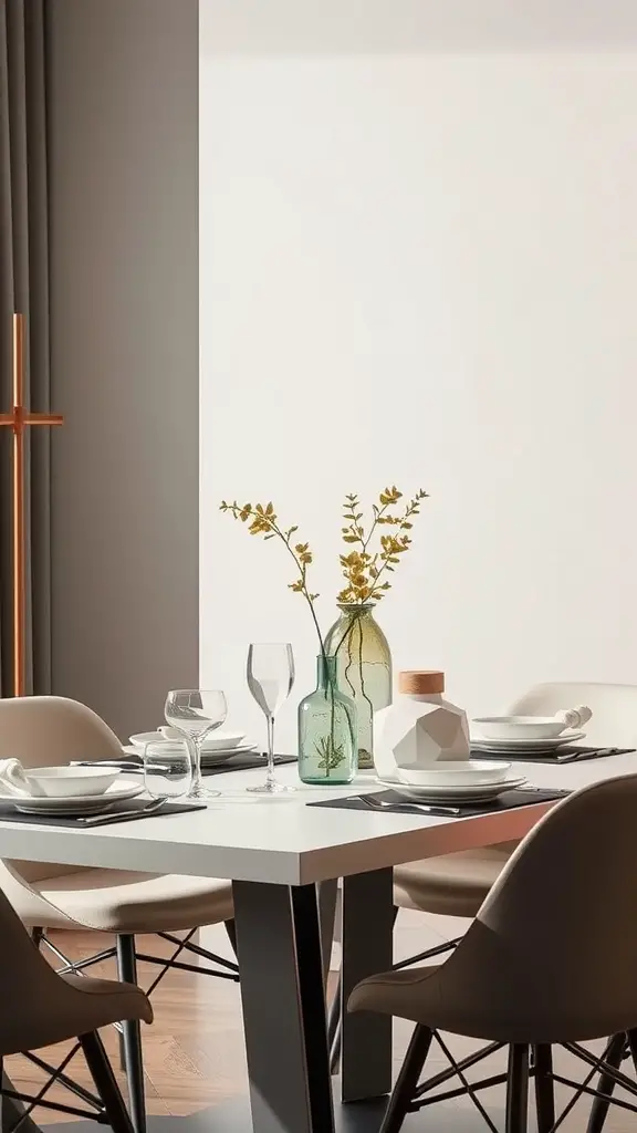 Chic dining table setup with geometric vases and elegant decor for Mother's Day.