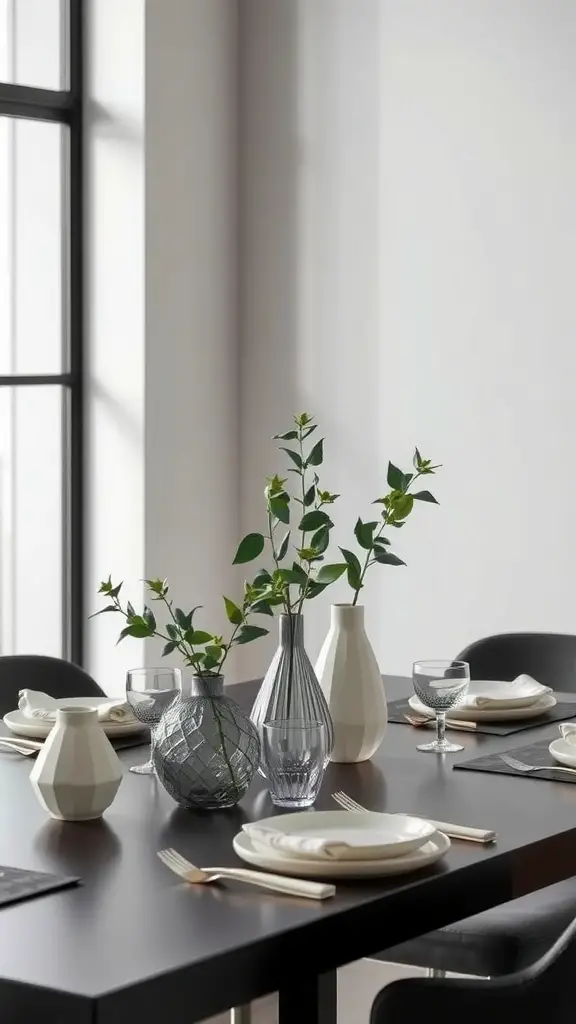 A modern minimalist dining table set with elegant vases and simple tableware.