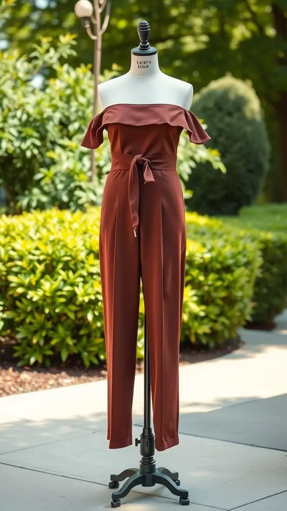 21 Stylish Summer Wedding Guest Dress Ideas to Make You Shine 10 A chic off-the-shoulder jumpsuit displayed on a mannequin, featuring a ruffled neckline and a tied waist, set against a lush green background.