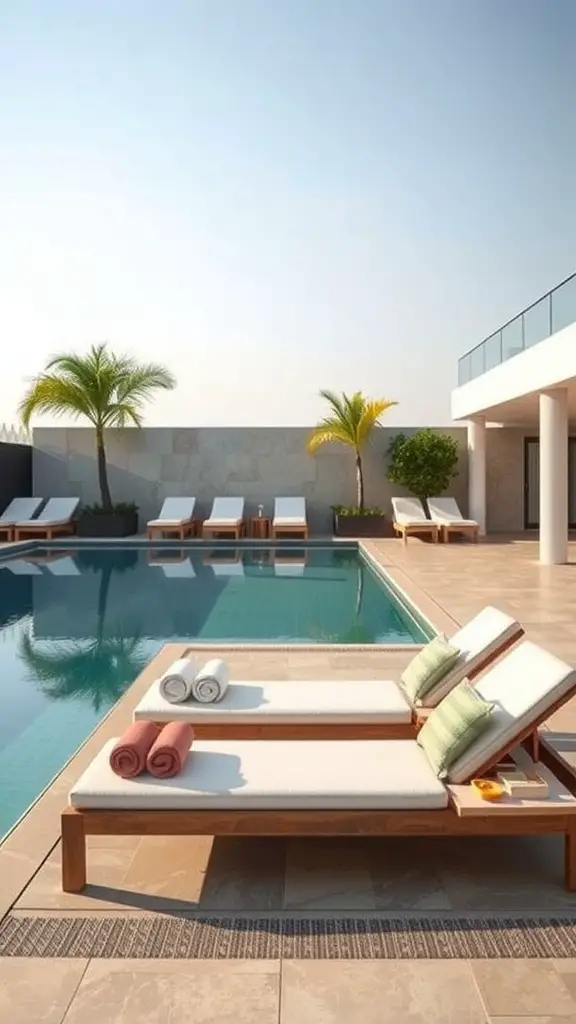 Chic sun loungers with cushions beside a serene pool, surrounded by palm trees and a modern structure.