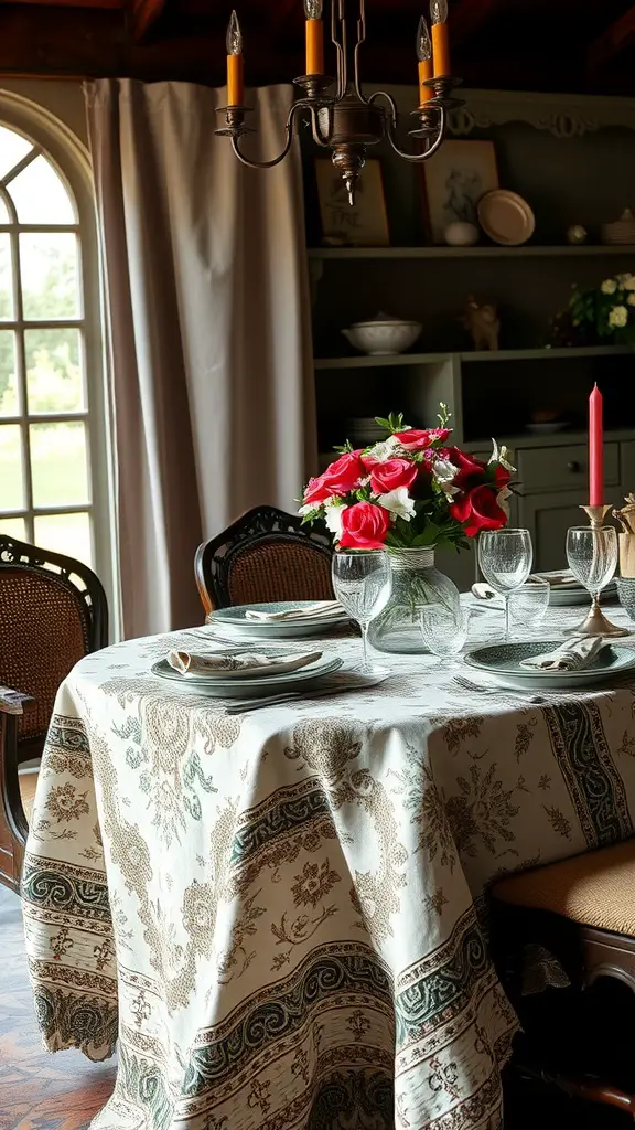 A beautifully set dining table with an elegant floral centerpiece, stylish plates, and intricate table linens.