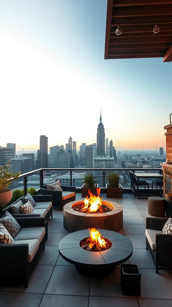 Chic urban fire pit lounge with modern seating and city skyline view