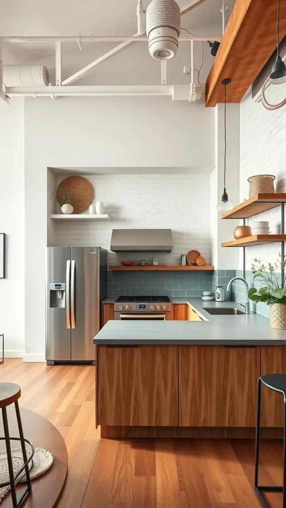 Chic urban loft style kitchen featuring wooden cabinetry, teal tiles, and modern lighting.