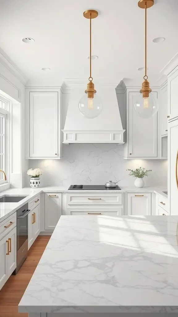 Chic white kitchen featuring marble countertops, white cabinets, and warm metallic light fixtures.