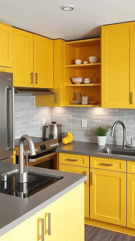 A bright kitchen featuring yellow cabinets and gray countertops