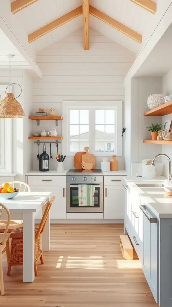 A bright and cozy beach house kitchen with wooden beams and a child-friendly layout.