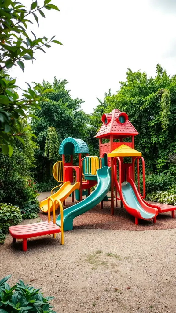 Colorful children's playground set in a lush backyard surrounded by greenery.