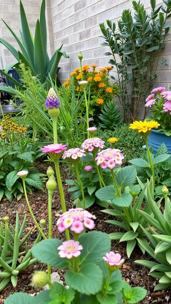 A small patio garden featuring a variety of colorful flowers and greenery.