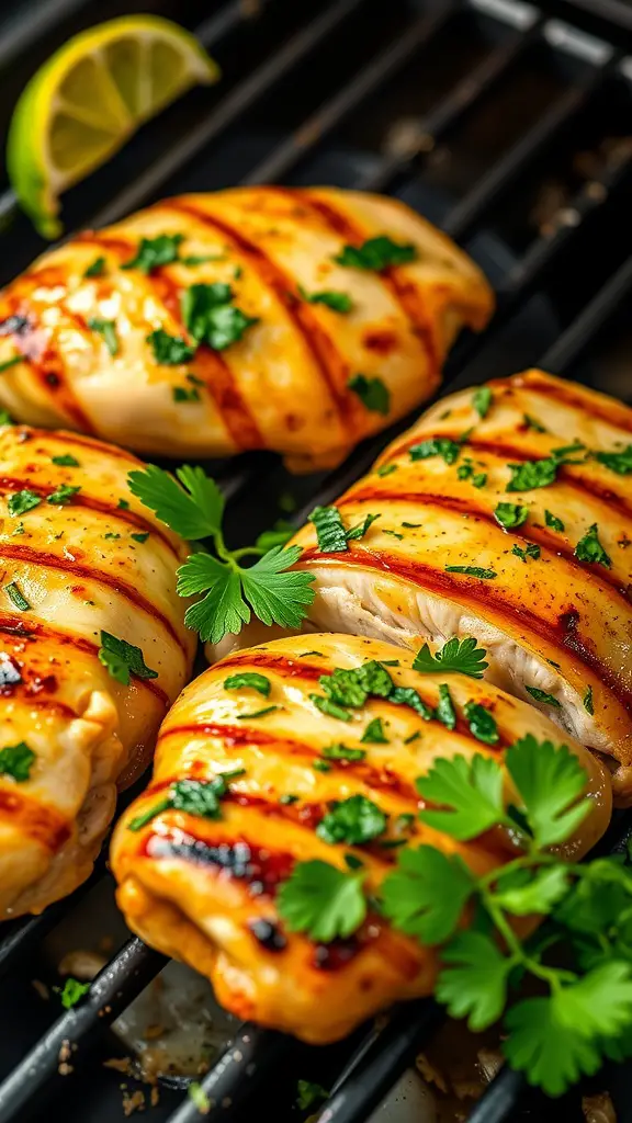 Grilled chicken breasts garnished with cilantro and lime on a grill