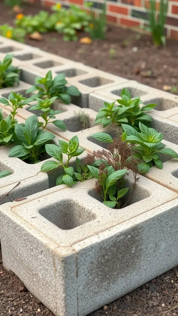 Cinder block garden bed with herbs growing in the openings