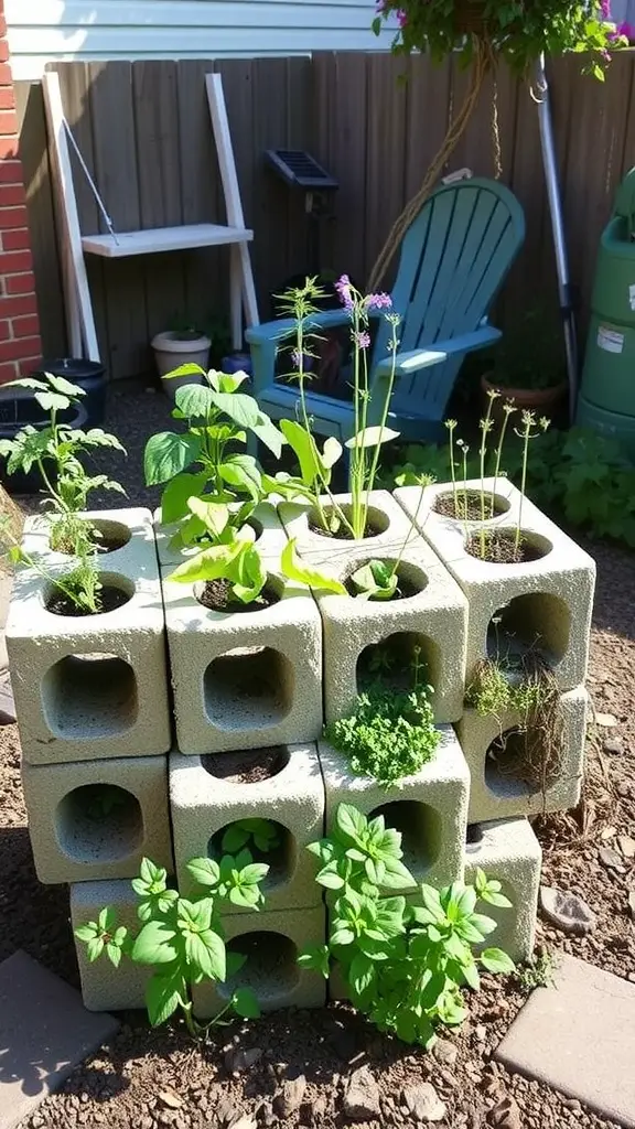 A cinder block herb planter filled with various herbs in a sunny backyard.